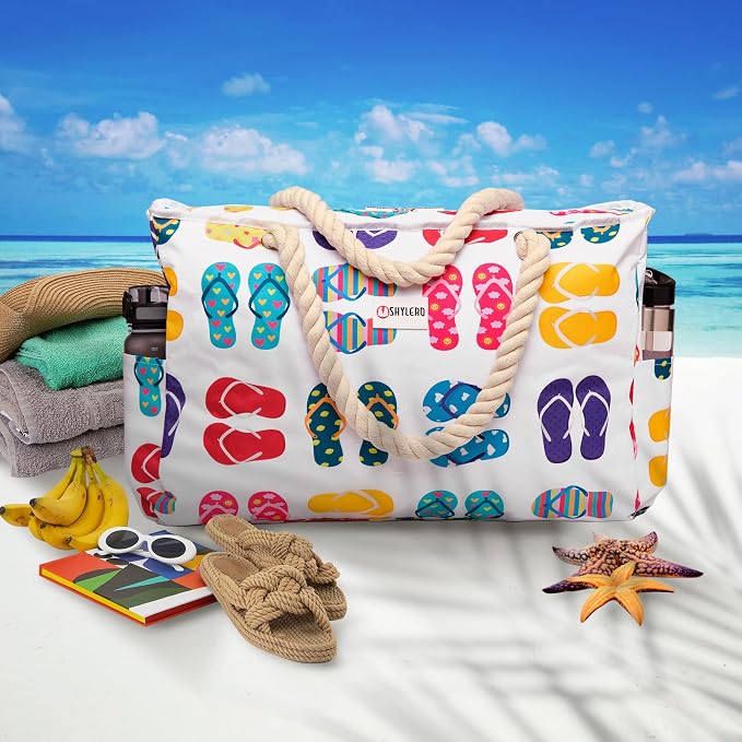 Beach Bag and Pool Bag Has Cooler Pocket, 7 Pockets Total, Zip Top. Family Size Waterproof Beach Tote - Image 3