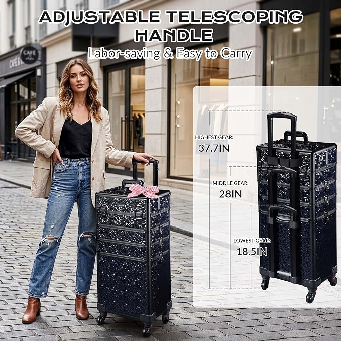BYOOTIQUE Rolling Makeup Case 4in1 Cosmetology case on wheels Makeup Artist | Aluminum Rolling Makeup Suitcase with 360 Detachable Wheel Lockable 54Lb Large Capacity Organizer Nail Tech Mermaid Black - Image 6