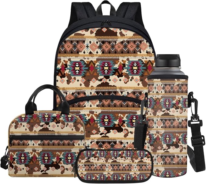 Aztec Ethnic Tribal Cow Print Boys Backpacks 4pcs/set School Bag Bookbags Shoulder Water Bottle Sleeve Insulated Food Handbags Case Pencil Holder by Glomenade