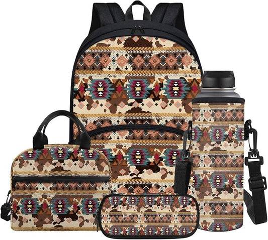Aztec Ethnic Tribal Cow Print Boys Backpacks 4pcs/set School Bag Bookbags Shoulder Water Bottle Sleeve Insulated Food Handbags Case Pencil Holder by Glomenade