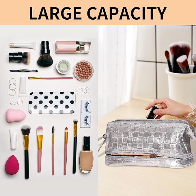 Abiudeng Large Capacity Makeup Bag Ladies Cosmetic Bag Travel Bag with Compartments Portable PU Leather Travel Makeup Bag with Handle - Image 5