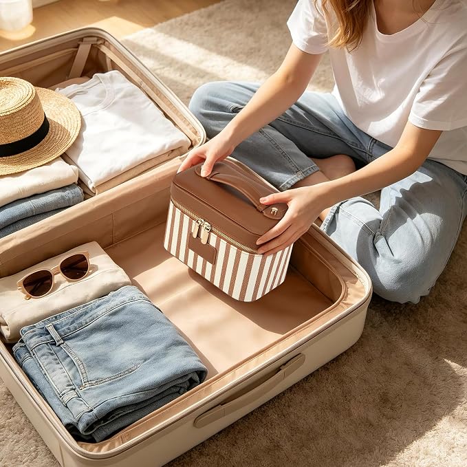 Makeup Bag Travel Toiletry Leather Cosmetic Case, Waterproof Makeup Organizer with Brush Holder, Wipe Clean Removable Divider Vanity Train Bag for Women, Caramel Brown - Image 5