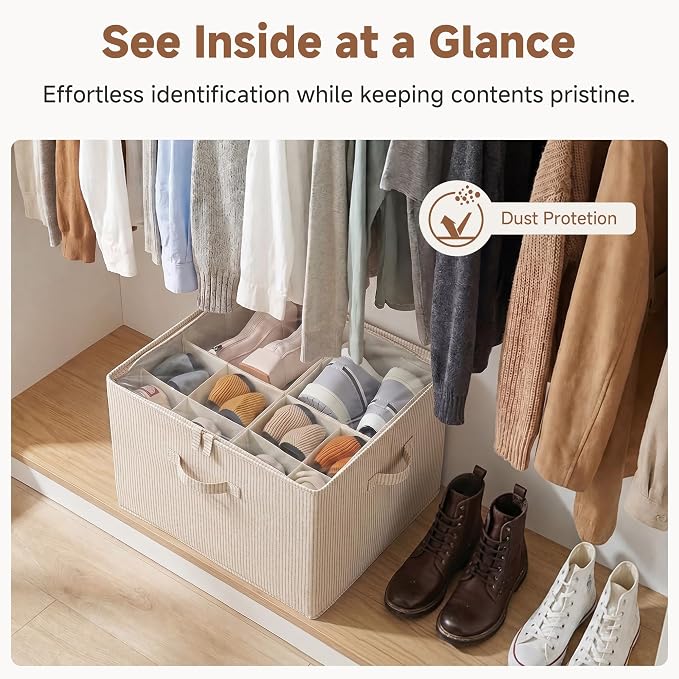 StorageWorks 2 Pack Shoe Organizer for Closet, Foldable Shoe Storage Box with Adjustable Dividers, Fabric Shoe Organizer for Entryway, Fits up to 16-32 Pairs, Khaki and Beige Stripes - Image 6
