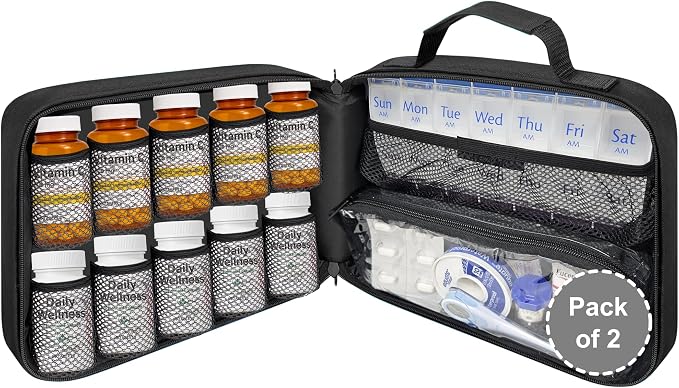 Large Pill Bottle Organizer & Medicine Bag, 2-Pack, Black | Bulk pack of padded prescription bottle organizers and medicine bags with fixed pockets for travel or home use by StarPlus2