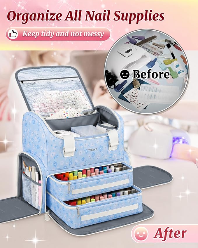 YOREPEK Nail Polish Backpack for Manicurist, Holds 96 to 100+ Bottles | Gel Nail Kit Bag for Manicurist Nail Polish, Blue Floral Backpack Nail Supplies Storage for Nail Art & Nail Tech, Sky Blossom - Image 5