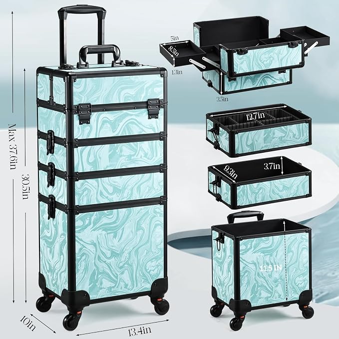 Yueieoun Rolling Makeup Case, 4 in 1 Makeup Case on Wheels, Professional Makeup Trolley, Cosmetic Train Case Makeup Cart Travel Trolley with Key for MUA, Hairstylists, Nail Tech, Turquoise Vitality - Image 5
