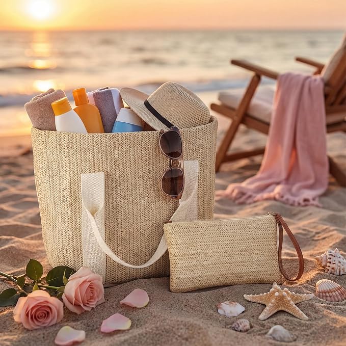 8 Set Beach Bags with Reusable Makeup Pouch Straw Gift Bag with Handle for Women Bridesmaid Bridal Wedding Gifts - Image 5