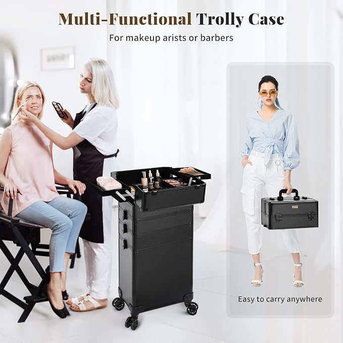 Rolling Makeup Train Case with Lid Cosmetology Case on Wheels | 5 in 1 Large Cosmetic Trolley Organizer Travel for Hairstylist Artist Nail Beauty Salon Barber Cart Trunk, Black - Image 3