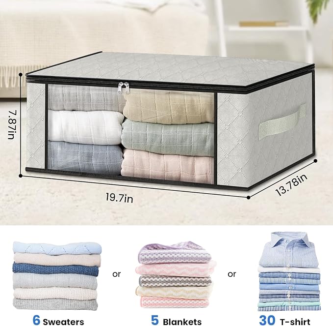 HomeHacks Storage 6-Pack Clothes Organizer Storage Bags Foldable Storage Box with Large Clear Window Sturdy Handles for Closet, Dorm, Pillows, Bedding, Clothes, Blankets, 35L, Ivory - Image 2