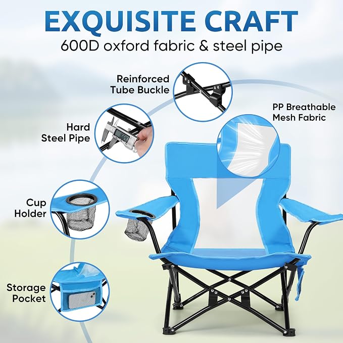 HaSteeL Folding Beach Chair Set of 2, Foldable Blue Camping Chairs for Outside, Low Beach Chair Portable for Adults Fishing, Picnic, Outdoor BBQ, Travel, Sports, Cup Holder & Storage Bag - Image 3