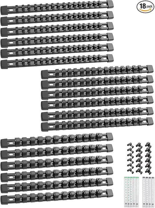 ALOANES 18PC Socket Organizer, Socket Rails Fit 1/2", 1/4" and 3/8" Drive | Heavy Duty ABS Socket Holders Hold up 258 Sockets for Toolbox Drawer Bags(Black) by Aloanes