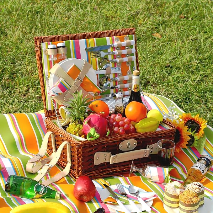Picnic Basket Set for 4 with Waterproof Blanket Mat Insulation Bag Wicker Rainbow Stripe Cute Hawaiian Tropical Gift for Wedding Birthday Summer Camp Outdoor Camping Beach Travel Christmas - Image 3