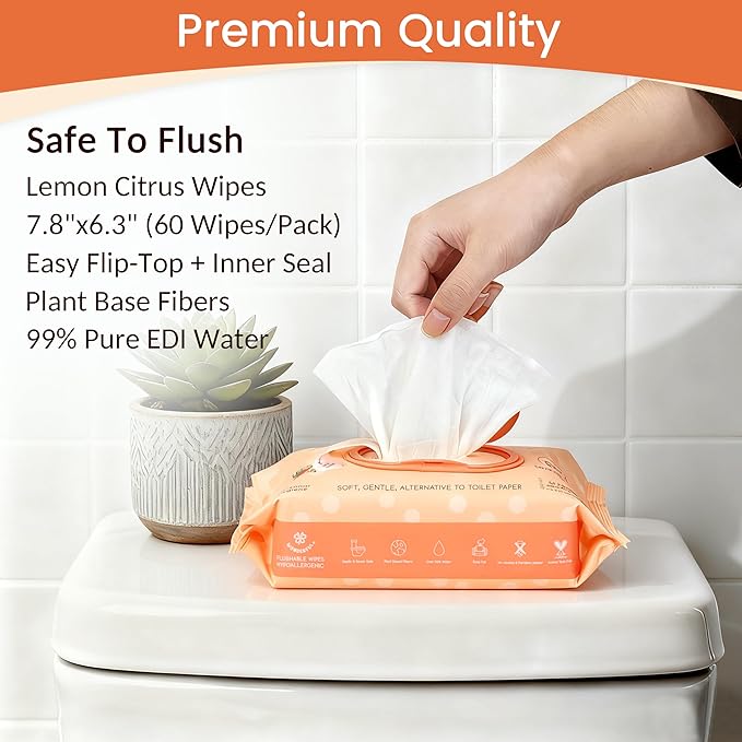 WONDERFUL Flushable Butt Wipes, Lemon Citrus 100% Plant-Based Wet Wipes for Adults & Kids; Sewer, Septic Safe; Gentle for Sensitive Skin, Wipes Flushable Pack for Bathroom & Travel, 1-Pack (60 Wipes)
