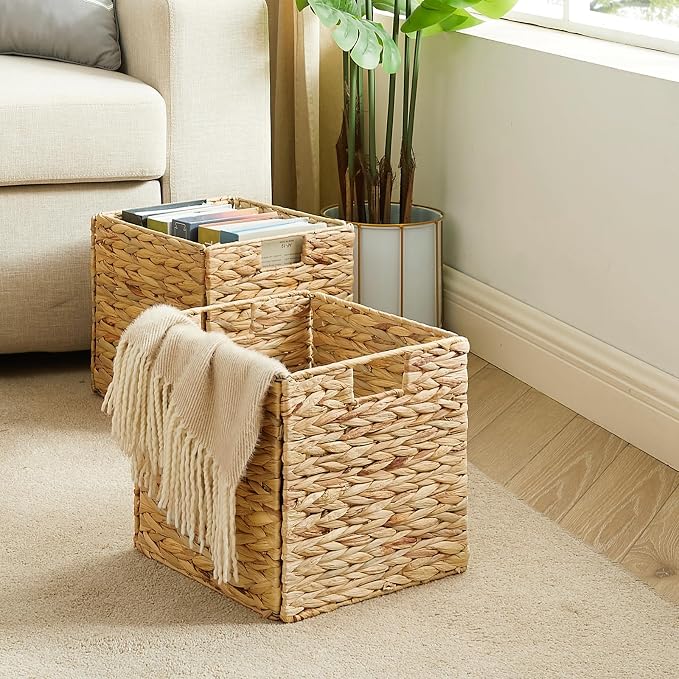 Vagusicc Wicker Storage Basket, Set of 2 Water Hyacinth Storage Baskets for Organizing, 11x11x11 Storage Cube Bins, Wicker Storage Cubes, Natural Foldable Square Baskets for Shelf Laundry Organizer - Image 4