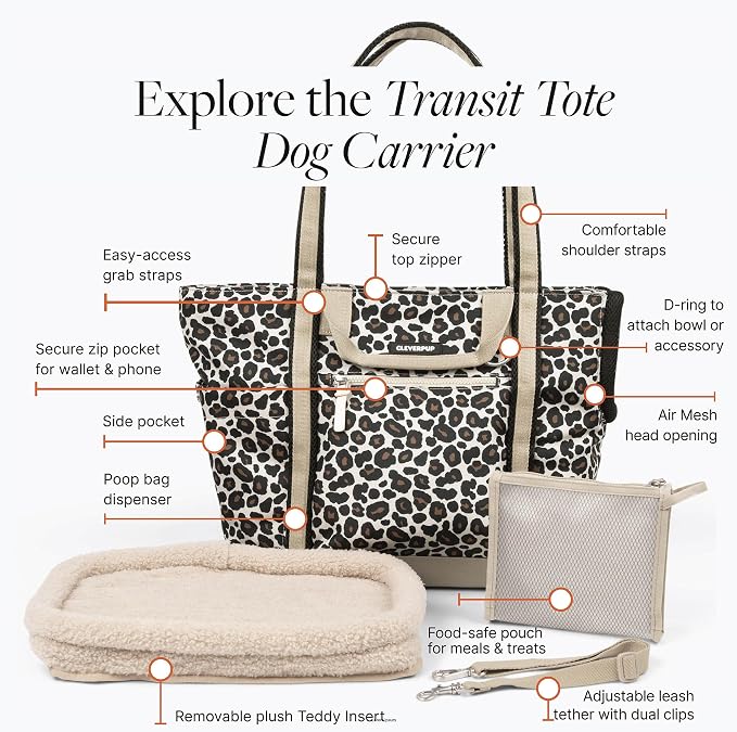 Cleverpup Transit Tote Dog Carrier for Small/Medium Dogs 8-20 lbs, 19x12x9 Soft-Sided 4-Pc Set with Waterproof Base, Plush Insert, Food Pouch, Mesh Head Opening - Medium, Leopard - Image 4