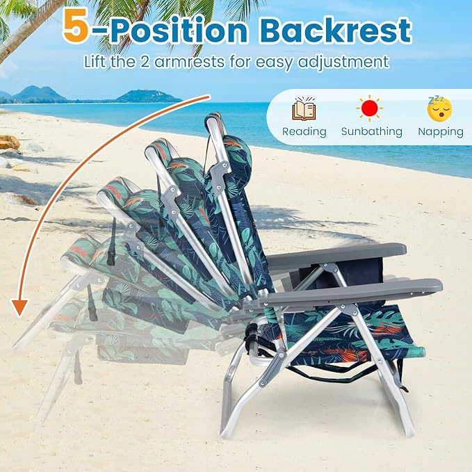Giantex Folding Beach Chair, Patio Sling Chairs with 5 Adjustable Position, Head Pillow, Storage Bag, Towel Bar, Cup Holders, Backpack Chairs for Sunbathing, Camping Chair - Image 3