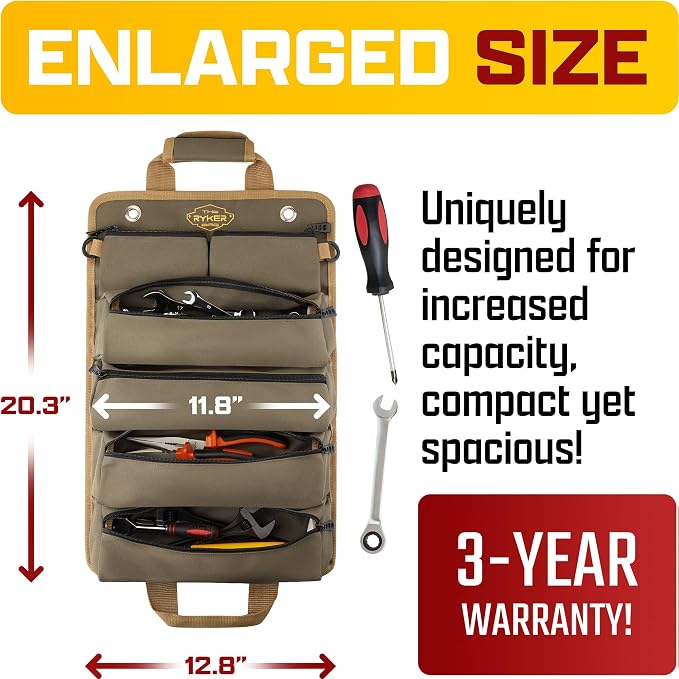 Ryker Personalized Roll Up Tool Bag Organizer Customized Name Gifts for Men | Tool Roll Up Bag Tool Box Organization. Portable Truck & Motorcycle accessories. Rollup Tools Bags for Mechanic & Electrician - Image 4