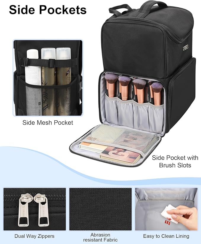 Relavel Makeup Backpack Large Makeup Bag with 3 Clear Set Bags, Dual Layer Professional Cosmetic Organizer Travel Train Case Makeup Artist Kit with Adjustable Dividers & Easy to Clean Lining, Black - Image 5
