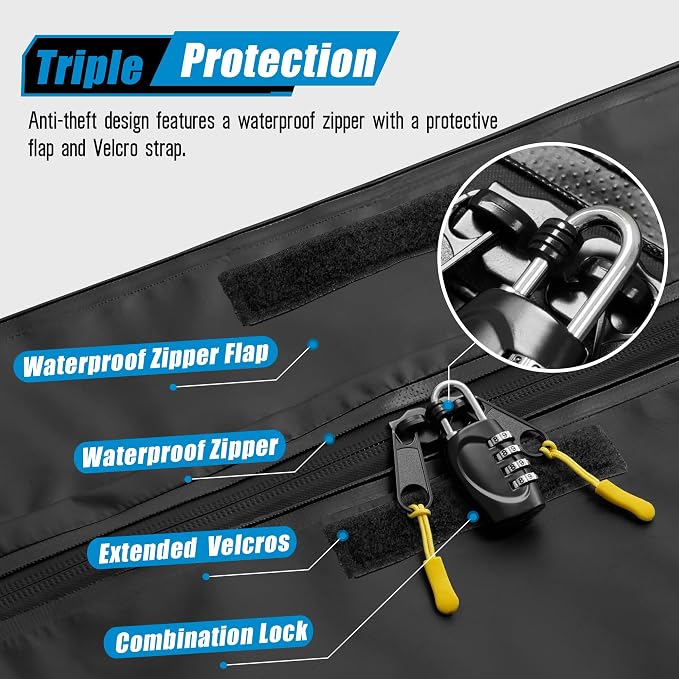 ARKSEN 600D PVC Waterproof Roof Cargo Bag with Lock, Nylon Net, Hitch Stabilizer, 2 Ratchet Straps for SUV, Truck, Van with/Without Rack - Image 6