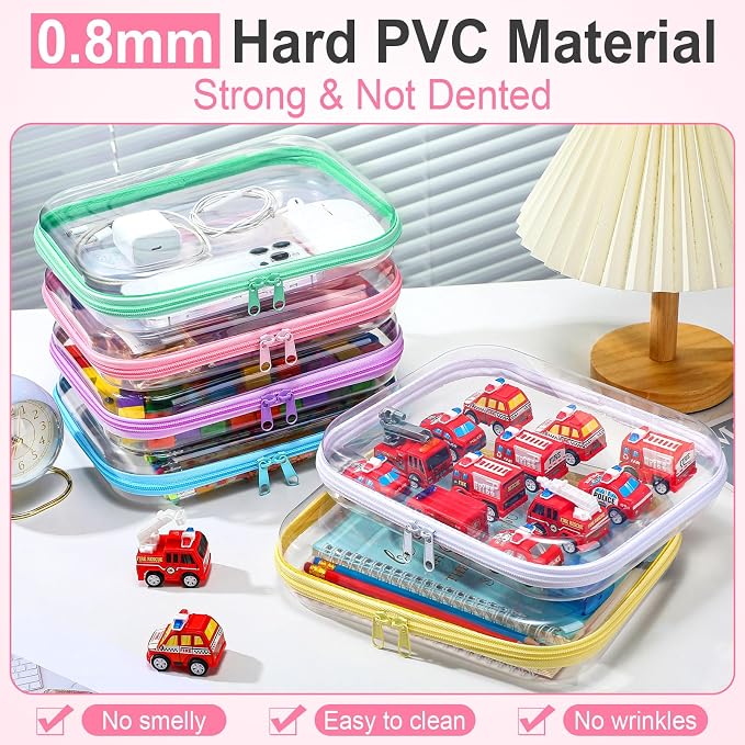 Sanwuta 6 Pcs Clear Hard Zipper Case Plastic Zipper Pouches Transparent Makeup Bag Pencil Case Pouches Toiletry Diaper Bag for Travel Toy Storage Organizer Bins(Colorful,9.84 x 7.87 x 2 Inch) - Image 4