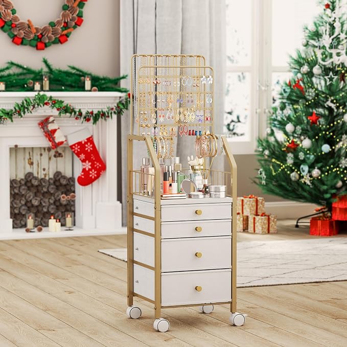 SWTYMIKI Gold Jewelry Organizer Stand - Multifunctional Rack Tower for Necklace, Earring, Ring & Bracelet Display - Moveable Storage Jewelry Holder Stand with 4 Nonwoven Drawers for Bedroom Gold - Image 7