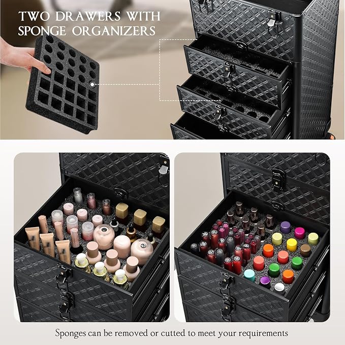 Yueieoun Nail Salon Cart with 4 Drawers,Rolling Makeup Train Case for Beauty,Cosmetology Case on Wheels,Trolley Cart,Lockable Organizer Travel Case for Manicure/Face Painting/Hairstylist/Tattoo Artist - Image 3