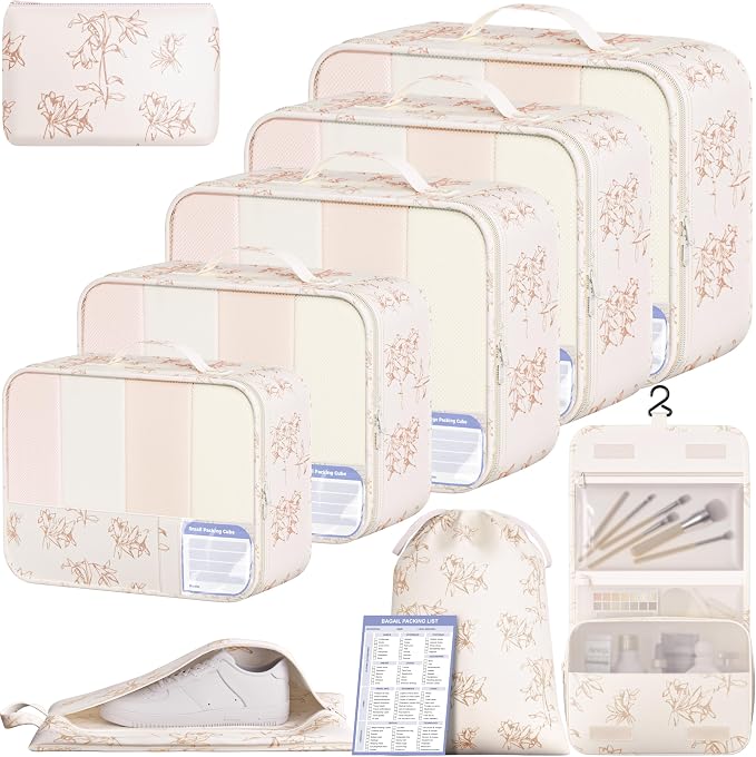 BAGAIL 9 Set Packing Cubes with Packing List Luggage Packing Organizers for Travel Accessories (Pink floral) by BAGAIL