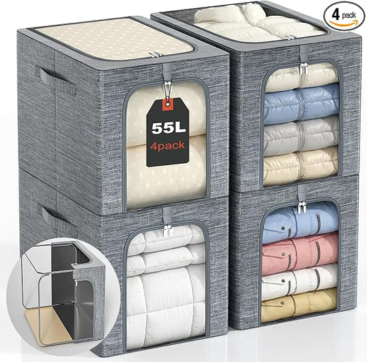 GoMaihe Clothes Storage Bins Metal Frame: 55L Extra Large Stackable Closet Storage Organizer with Lid & Clear Window, Heavy Duty Blanket Boxes for Winter Coats Comforters (Fits Deep Closet 4-Pack) by GoMaihe
