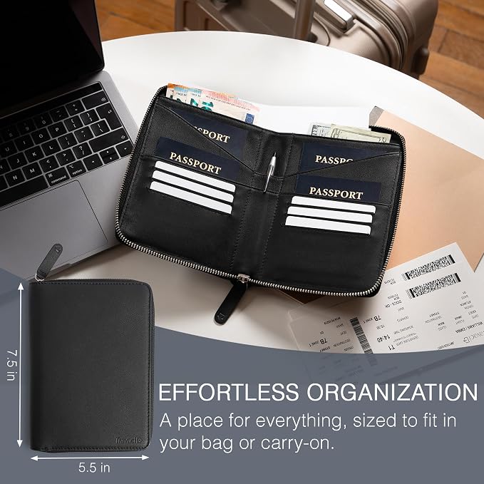 Full Grain Leather Family Passport Holder for 4 Passports - RFID Passport Holder and Travel Document Organizer - Large Leather Travel Wallet for Families - Black - Image 5