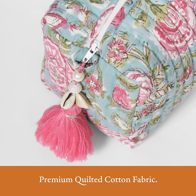 Saffron Marigold Quilted Makeup Bag Set of 3, Hand Block Printed Cotton Cosmetic Bags for Women, Waterproof Lined Travel Toiletry Bag, Coquette Floral Aesthetic, Handmade Gift, Jacobean Dreams - Image 6