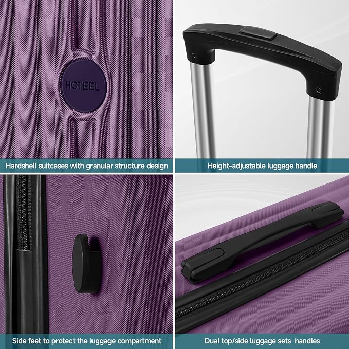 Hoteel 20Inch Luggage 3-piece Set, 360° Universal Suitcases with Wheels Hard Shell Suitcase with TSA Lock, Including Waterproof Luggage Bag, Travel Maletas for Men and Women,Purple - Image 7