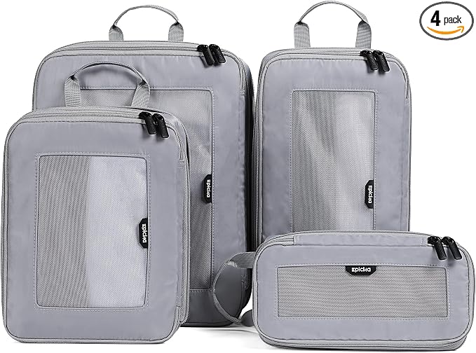 EPICKA TripCozy Compression Packing Cubes - 4 Set Durable Travel Organizer Bags with Mesh Top, Expandable Travel Accessories for Carry on, Luggage, Suitcase, Backpack (Light Grey) by EPICKA