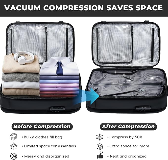 BANGE Vacuum-Seal Travel Backpack with Pump and Vacpack Compression System, Water Resistant Large Carry-On Backpack with Laptop Compartment and TSA Lock - Flight Approved, Black (With Air Pump) - Image 3