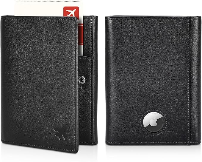 Polare Napa Leather Pilot Wallet Passport Holder RFID Blocking Tri-fold Travel Cover Document Organizer for Aviation Professionals (Black with AirTag Slot) by polareoriginal