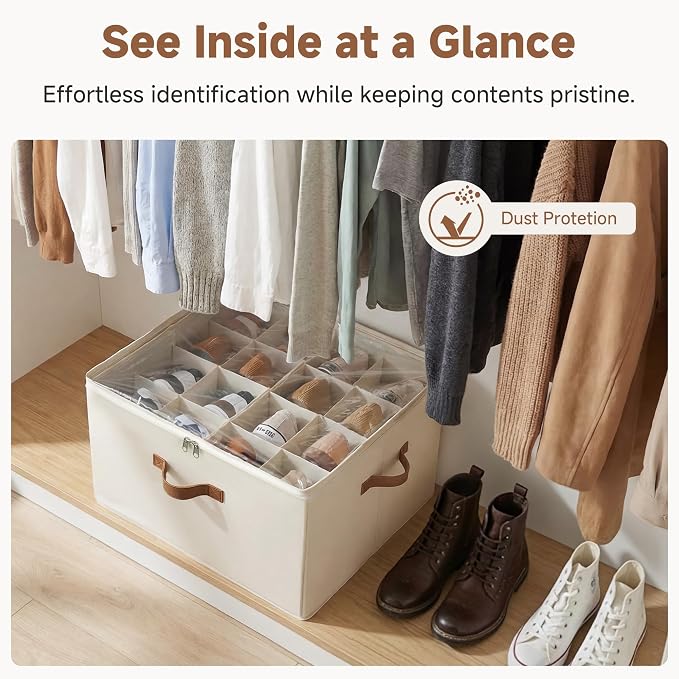 StorageWorks Shoe Organizer for Closet, Shoe Storage Cubby Containers with Adjustable Dividers and Clear Cover, Fits up to 16 Pairs, Foldable Shoe Storage Box for Closet, Entryway, Beige - Image 5
