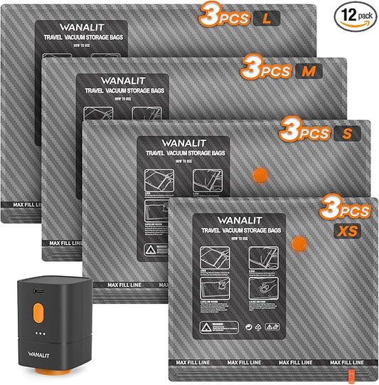 Travel Vacuum Storage Bags with Wireless Rechargeable Electric Pump, 12 Pack Travel Essentials Vacuum Seal Bags for Clothing, Space Saver Compression Packing Bags for Luggage, Suitcase, Backpack, Home by WANALIT