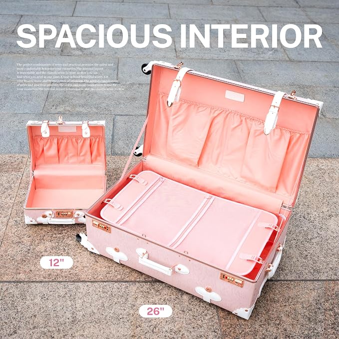 urecity 26" Vintage Luggage Set, 2 Piece Elegant Pink Retro Checked Suitcase with Cosmetic Case, Luxury Vegan Leather Aluminum Frame Spinner Trunk for Women (with Protective Clear Cover) - Image 4
