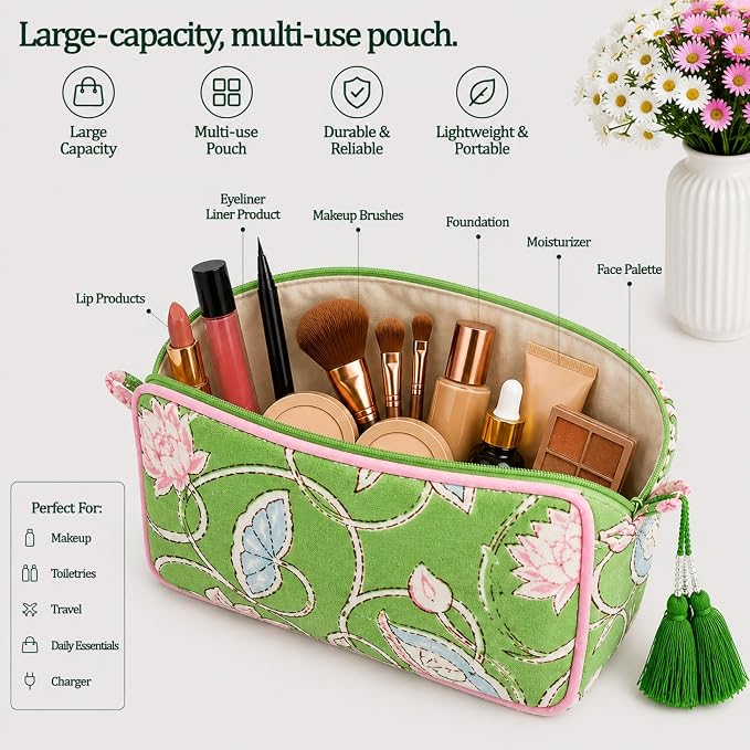 Huar Travel Makeup Bag- Large Capacity Cosmetic Bags for Women - Water Resistance Lining Portable Pouch & Open Toiletry Bag - Perfect Girls Makeup Organizer for Travel Essentials (Lime & Pink Floral) - Image 2