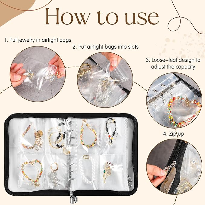 Threehoney 6 Sets Transparent Jewelry Storage Book Travel Jewelry Organizer Earring Organizer Case Bracelet Holder for Necklace Earrings Ring Holder with Clear Zippered Pouch Anti Tarnish Pouches - Image 3