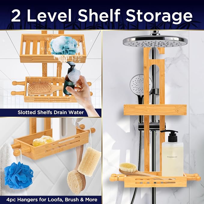 SereneLife Bamboo Hanging Shower Caddy with 2 Tiers, Anti-Slip Design for Bathroom Essentials, Self-Draining Shelves for Easy Organization - Image 4