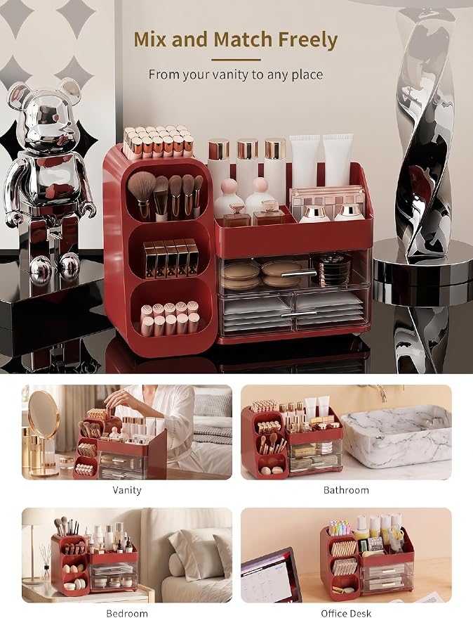 Booklov Makeup Organizer for Vanity, Large Capacity Cosmetic Display Case with Clear Acrylic Drawers, Countertop Beauty Storage Holder for Skincare, Brush Eyeshadow Lipstick, Counter Desk, Crystal Red - Image 8