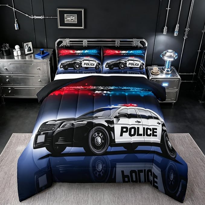 Erosebridal Police Car Comforter Sets Full Size,Policeman Vehicle Bedding Set for Kids Boys Children,Red Blue Cop Lights Down Comforter Geometric Graphics Duvet Sets Bedroom Decor with 2 Pillow Cases - Image 5