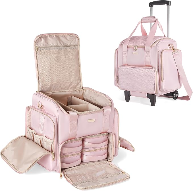 Rolling Makeup Case, Professional Makeup Train Case with Wheels | Makeup Artist Travel Bag with 4 Removable Bags, Professional Train Case with Adjustable Handle & Strap, Brush Storage Section by Prokva