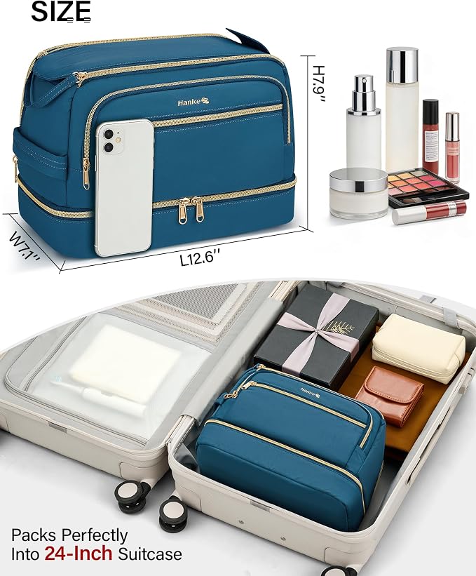 Hanke Travel Toiletry Bag, Lightweight Wide-open Makeup Bag, Dual-Layer Travel Bag for Toiletries Water-Resistant Cosmetic Bags Large Toiletry Bags for Women & Men, Travel Essentials, Navy Blue - Image 7