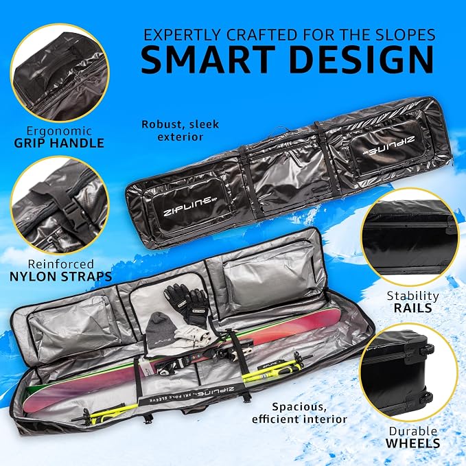 Zipline Ski Double Ski Bag with Wheels - Gear & Apparel Storage for Skiers - 180/200 cm Capacity - Durable & Waterproof - Proven Performance - 3 Yr Warranty - Ski & Snowboard Travel Bag - Image 4