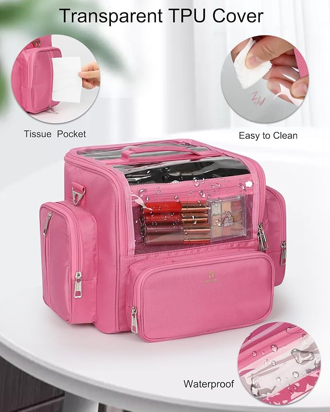 NAONAYA Pink Makeup Brush Bag, Clear Makeup Brush Holder with Lid, Extra Large Capacity Travel Cosmetic Bag Makeup Artist Must Haves,Make Up Organizers and Storage, with Adjustable Dividers - Image 4
