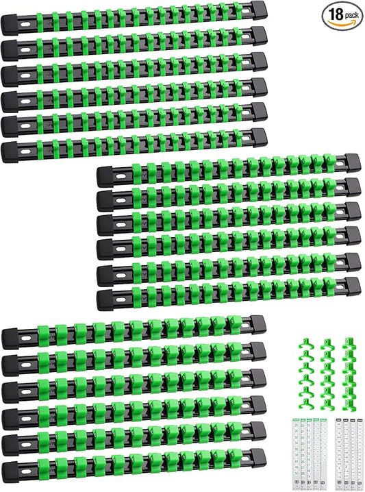 ALOANES 18PC Socket Organizer, Socket Rails Fit 1/2", 1/4" and 3/8" Drive | Portable Heavy Duty ABS Socket Holders Hold up 258 Sockets for Toolbox Drawer Bags(Green) by Aloanes