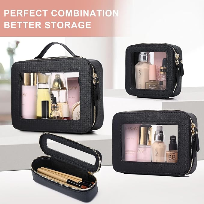 Pinkmik Travel Clear Makeup Bag with Brush Case TSA Approved Toiletry Bag Waterproof Cosmetic Organizer with Zipper Car Essential for Women (Black, M+SLIM) - Image 7