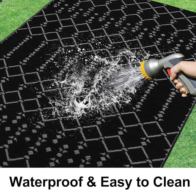 Smiry Outdoor Rug 9x12 ft, Waterproof Reversible Plastic Straw Rugs, Boho Outdoor Area Rug, Outside Floor Mat for Patio, Backyard, Deck, Picnic, Beach, Camping, Dark Grey - Image 2