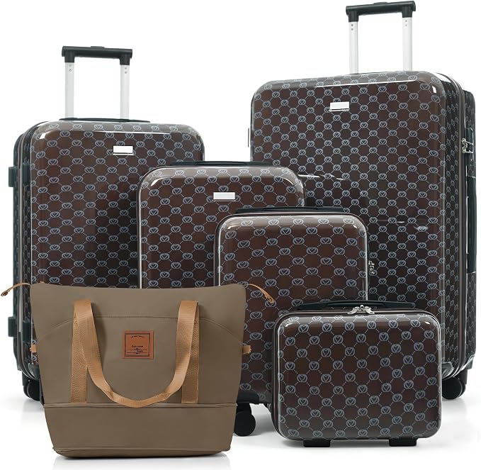 Brown 6 Piece Luggage Set Hard Shell - Checked Suitcases with Spinner Wheels & Expandable Travel Duffel Bag for Family Travel, Durable Carry On Luggage Sets with Lock & Case for Women and Men by Unknown